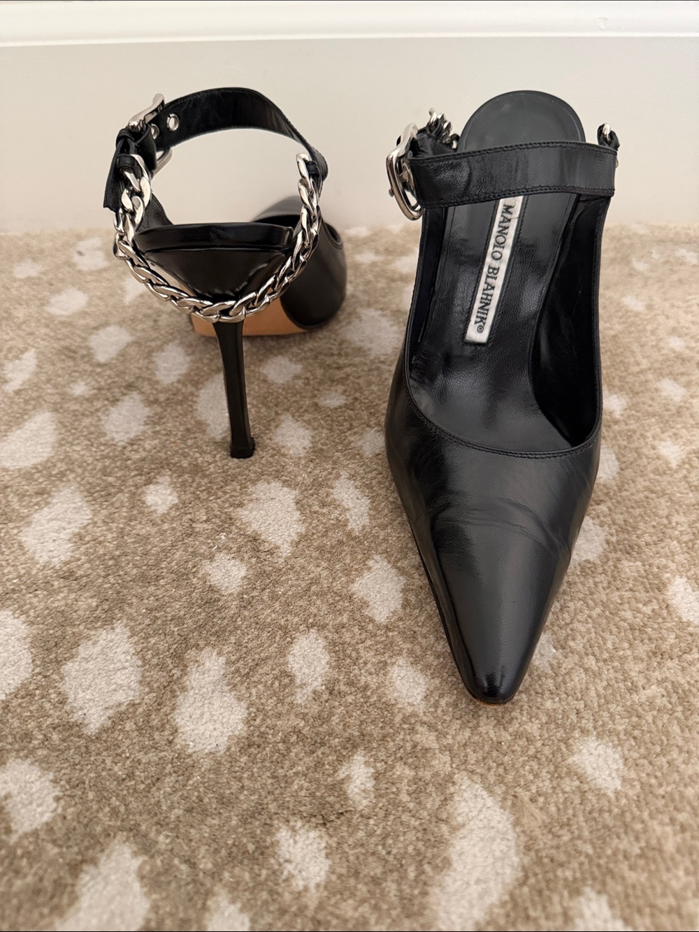 Manolo Blahnik Black Leather Pointed-Toe Chain-Ankle Stiletto